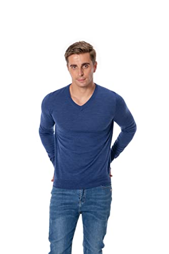 WOSICA Men's 100% Extrafine Merino Wool Knited Long Sleeve Pullover with V-Neck (Heather Blue XL) von WOSICA