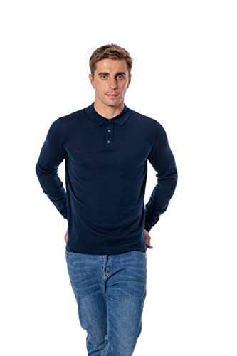 WOSICA Men's 100% Extrafine Merino Wool Long Sleeve Polo (Navy L) von WOSICA