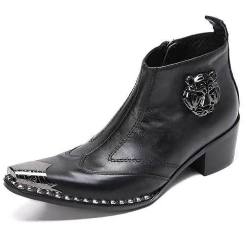 WOUFO Herren Leder Stiefel,Cuban Heel Western Stiefel,Kurzschaft Stiefeletten,Motorradstiefel (Schwarz, Erwachsene, Herren, 39, Numerisch, EU Schuhgrößensystem, M) von WOUFO