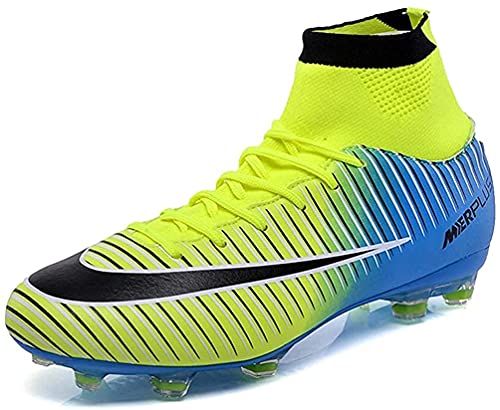 WOWEI Fußballschuhe Herren High Top Spike Cleats Outdoor Athletics Fußballschuhe Kinder Professionelle Trainingsschuhe Sport Fußball Stiefel Wettkampf (Grün blau, 38) von WOWEI