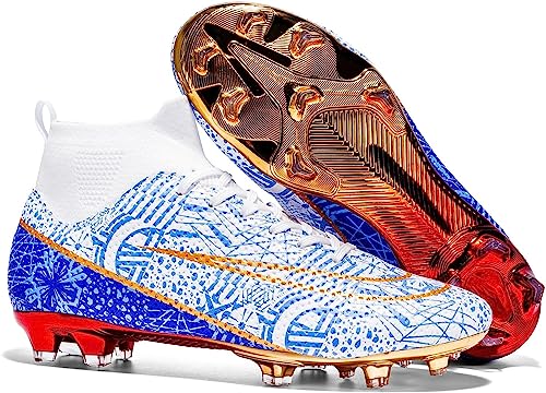 WOWEI Fußballschuhe Herren High Top Spike Cleats Outdoor Athletics Fußballschuhe Kinder Professionelle Trainingsschuhe Sport Fußball Stiefel (BLU YT, 43EU) von WOWEI