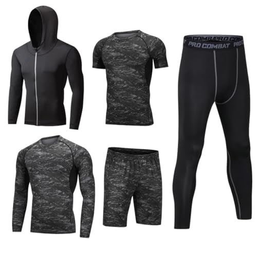 WOWEI Sportbekleidung Herren Kompressionsanzug Sportanzug Set Trainingsanzug 5 Stücke Schnelltrocknend Sportswear Herren Activewear Laufkleidung Atmungsaktives Gym Running (SPC-5, M) von WOWEI