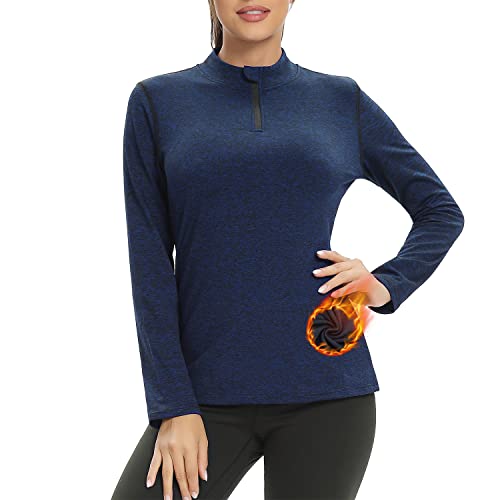 Damen Fleece Laufshirt Fleecepullover Langarm, 1/4 Reißverschlus Funktionsshirt Thermo Atmungsaktive Sportshirt Fitness Shirt Winter Warm,Blau,L von WOWENY