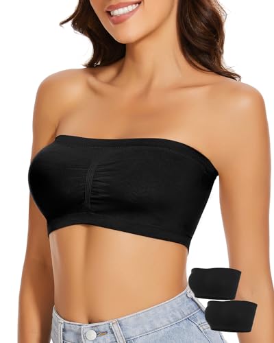 WOWENY 2er Pack Bandeau BH Gepolstert Damen Trägerlos Tube Top BHS ohne Träger Nahtlos Atmungsaktiver Soft[Schwarz, L] von WOWENY