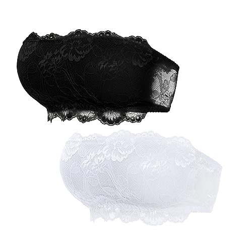 WOWENY 2er Pack Bandeau BH Spitze Damen Trägerlos Gepolstert Tube Top BHS ohne Bügel Traegerloses Bustier Bralette mit Transparenten Trägern(Schwarz&Weiss, M) von WOWENY