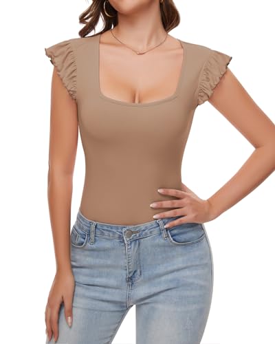 WOWENY Body Damen Elegant Top Sommer Oberteile Damen Rüschen Ärmellos t Shirt Body mit Eckigem Ausschnitt Trachtenbody Ribbed Bodysuit Women Damenbody für Damen Braun XXL von WOWENY