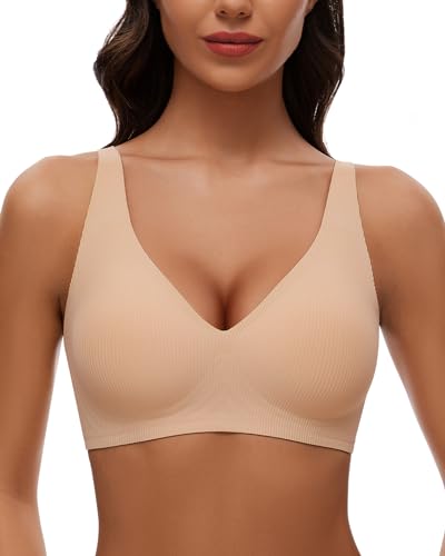 WOWENY Damen BH Push Up Bequemer ohne Bügel Seamless BHS trägerverstellbarer Bügelloser BH Softschalen BH Tshirt BH Soft Comfit BH,Beige,L von WOWENY