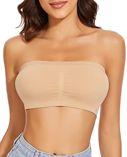 WOWENY Damen Bandeau BH Hautfarben Trägerlos Gepolstert Tube Top BH Hautfarbens Traegerloses Bustier Nahtlos Bralette Atmungsaktiver Strecken(Beige, M) von WOWENY