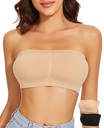 WOWENY Damen Bandeau BH Hautfarben Trägerlos Gepolstert Tube Top BH Hautfarbens Traegerloses Bustier Nahtlos Bralette Atmungsaktiver Strecken(Schwarz+Beige, M) von WOWENY