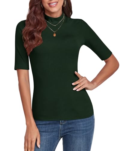 WOWENY Damen Kurzarmpullover elegant 1/2 Arm T-Shirt mit elastischem Stehkragen Rollkragen T-Shirt Baumwollen Basic Oberteile Bluse Shirt,Dunkelgrün,XXL von WOWENY