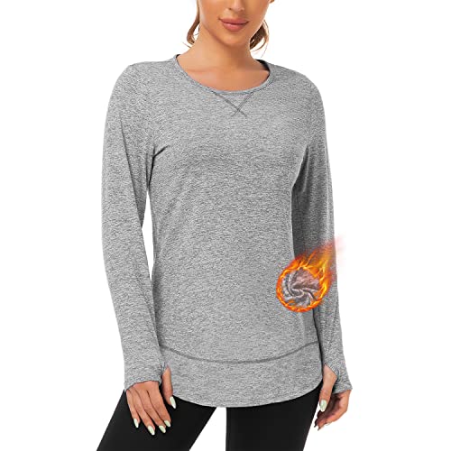 WOWENY Damen Langarmshirt Herbst Winter Thermo Laufshirt Langarm Functionsshirt Sportshirt Thermo Pullover Oberteile Tshirts locker für Sport Laufen Fitness,Grau,XL von WOWENY