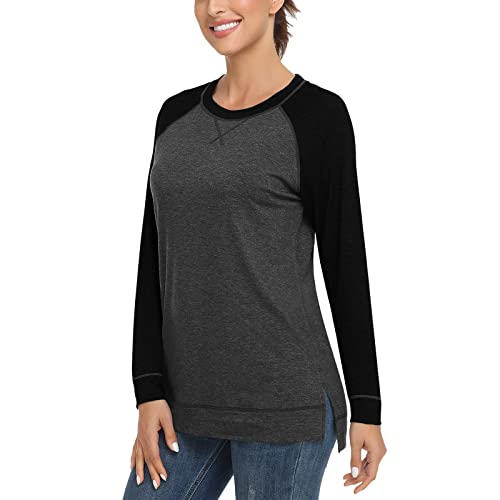 WOWENY Damen Moderne Langarm T-Shirt Casual Langarmshirt Tunika Tshirt Pullover Oberteile Locker elegant,Schwarz＆Grau,M von WOWENY