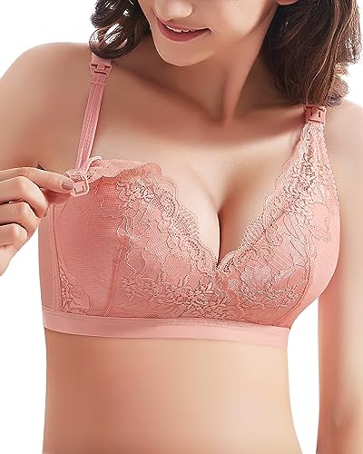 WOWENY Damen Still BH ohne Bügel Spitze Schwangerschaft BH Gepolstert Mutterschaft Bustier Bügelloser Atmungsaktiv Stillen und Schlaf für Damen(Rosa, XL) von WOWENY