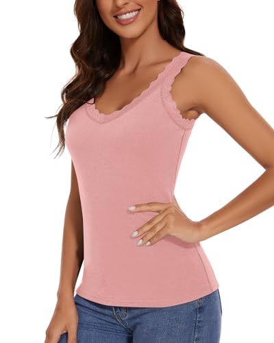 WOWENY Damen Thermo Unterhemd mit Spitze Untershirt Ärmellos Cami Tank Top Warm V Ausschnitt Camisole Fleece Elegant Spitzentop[Rosa,M] von WOWENY