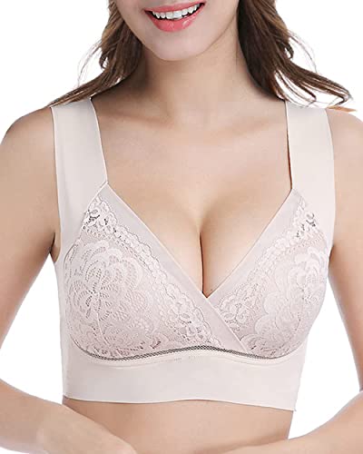 WOWENY Damen Vollschalen BH - Damen Nahtlos Spitzen BH - Komfort BHS Ohne Bügel - Zero Feel Bralette für Frauen, Weich und Bequem, Klassische Bustier Damen BH Modern Feeling (Z-Beige-1, XL) von WOWENY