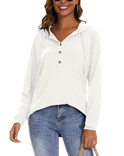 WOWENY Pullover Damen Mit Kapuze Sweatshirt Oversize Mit Knopfleiste Hoodie Langarmshirt Oberteile Pulli Tunika Für Den Herbst Und Winter,Weiß,L von WOWENY