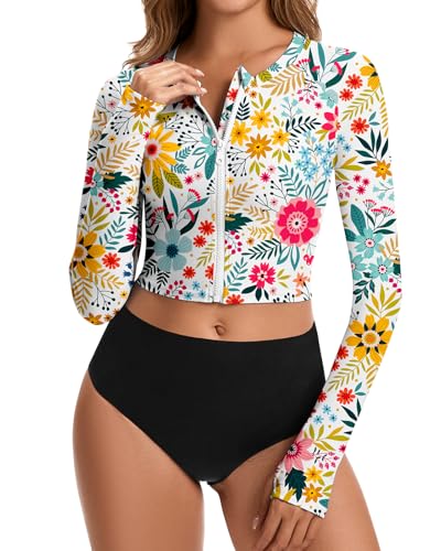 WOWENY Schwimmshirt UV Shirt Damen Langarm Wasser Badeshirt Damen Surf Rash Guard mit Reißverschluss Crop Top Zip-Blümchen Zip-Blümchen XXL WOWENY Schwimmshirt UV Shirt Damen Langarm Wasser Badeshirt Damen Surf Rash Guard mit Reißverschluss Crop Top Zip-Blümchen Zip-Blümchen XXL von WOWENY