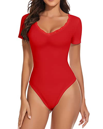 WOWENY Spitze Bodys für Damen Rot Body Damen Kurzarm Sommer Bodysuit Women mit v Ausschnitt Unterziehbody Tanz-Body Trachtenbody Spitzenbody XL von WOWENY