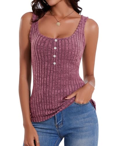 WOWENY Tank Top mit Knopfleiste Damen Ärmellos Oberteile Henley Shirt U-Ausschnitt Gerippt Sexy Vest Sommer Casual Tops[Dunkel Mauve, L] von WOWENY