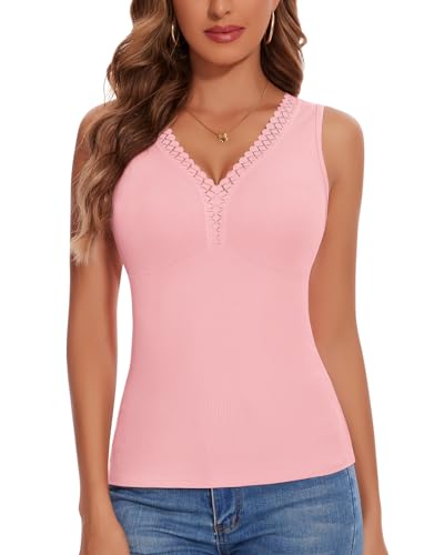 WOWENY Tank Top mit Spitze Damen Trägertop V-Ausschnitt Elegant Ärmellose Oberteile Sommer Tshirt Ribbed Sexy Cami[Rosa, XXL] von WOWENY