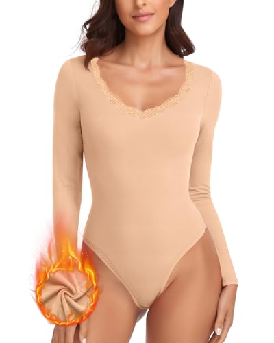 WOWENY Thermo Body Langarm Damen Elegant Spitze Micro Fleece Oberteil Spitzenbody Warm Langarmshirt Bodysuit Women mit V Ausschnitt Langarmbody Trachtenbody Khaki XL WOWENY Thermo Body Langarm Damen Elegant Spitze Micro Fleece Oberteil Spitzenbody Warm Langarmshirt Bodysuit Women mit V Ausschnitt Langarmbody Trachtenbody Khaki XL von WOWENY