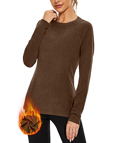 WOWENY Thermo Oberteil Damen Fleece Shirt Langarm Thermoaktive Thermounterwäsche extra warm Dralon Unterhemd Langarmshirt leicht Skiunterwäsche Wandershirt(Braun, S) von WOWENY