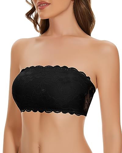 WOWENY Trägerloser BH Spitze Bandeau Top Damen BH ohne Bügel Gepolsterter Bralette Tube Top mit Transparenten Trägern Schwarz L von WOWENY