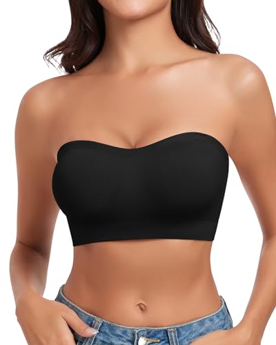 WOWENY Trägerloser Bandeau BH Damen ohne Bügel Tube Top Nahtlos Gepolsterter Bralette mit Durchsichtigen Trägern Rutschfestes Silikon[Schwarz,M] von WOWENY