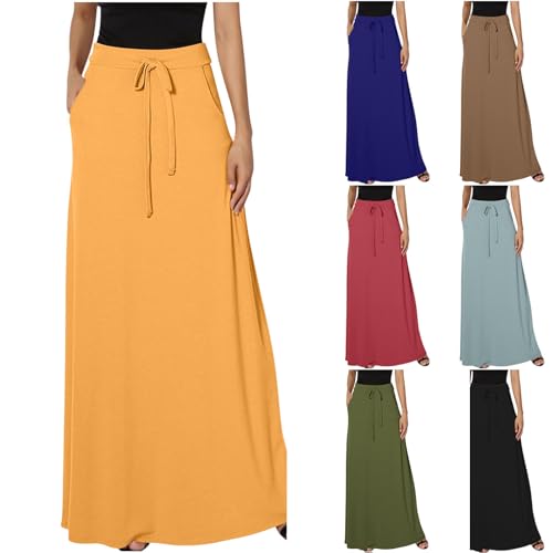 Rock Damen Lang Hohe Taille Röcke Elegant Maxirock A-Linie Beach Skirt Elastic Waistband mit Kordelzug Freizeitrock Einfarbig Rock mit Taschen Strandrock Faltenrock Freizeitkleid für Alltag Rock Damen Lang Hohe Taille Röcke Elegant Maxirock A-Linie Beach Skirt Elastic Waistband mit Kordelzug Freizeitrock Einfarbig Rock mit Taschen Strandrock Faltenrock Freizeitkleid für Alltag von WOXIHUAN