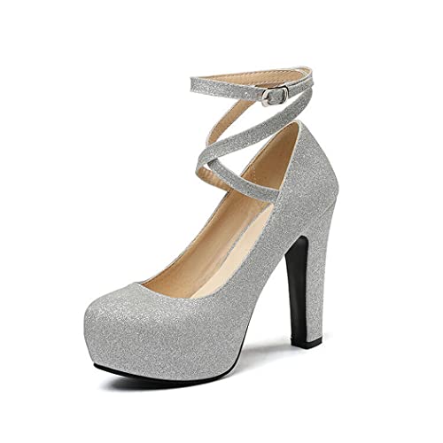 WOilERQ Damen-Heels Mit Riemchen Überkreuzt Mit Riemchen Plattform Hohe Klobige High Heels Runder Kopf Pailletten Plateaupumps Hoher Absatz 12 cm 4,7 Zoll,Silber,36 von WOilERQ