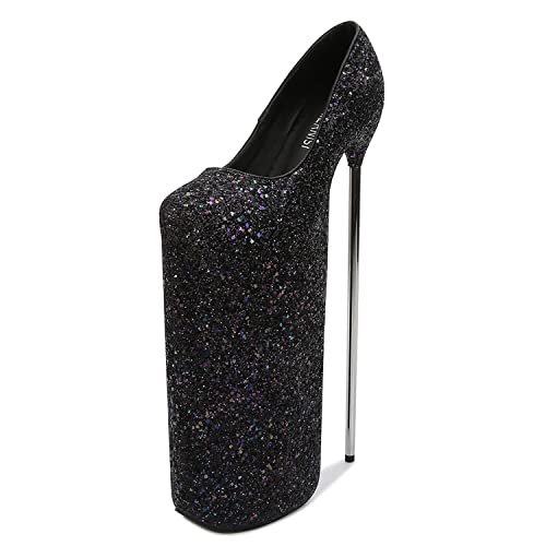 WOkismD 30 cm Metallabsatz Stiletto High Heels Sexy Pole Dance Plateau Pumps Super High Heels Pailletten Glitzer Stripper Club Party Abendkleid Schuhe,Schwarz,36 von WOkismD