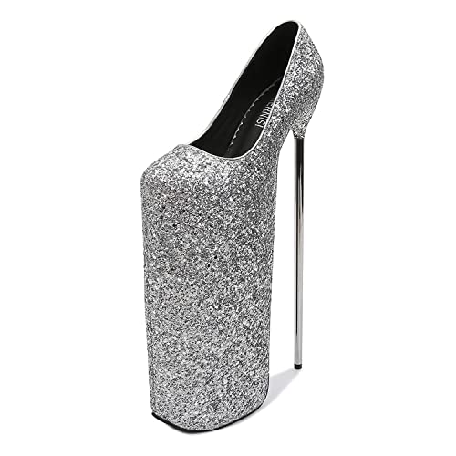 WOkismD 30 cm Metallabsatz Stiletto High Heels Sexy Pole Dance Plateau Pumps Super High Heels Pailletten Glitzer Stripper Club Party Abendkleid Schuhe,Silber,38 von WOkismD