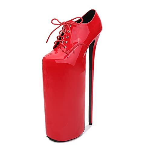 WOkismD 30cm Pole Dance High Heels Schnürschuhe Plateausandalen Sexy Stripper Club Schuhe Lackleder Hochzeit Kleid Schuhe Unisex Herren Plus Größe,Rot,38 von WOkismD