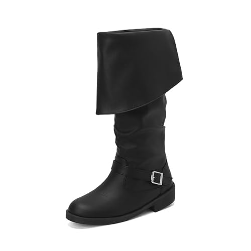 WOkismD 3CM/1.18IN Große Größe Low Heel Damen Stiefel mit Gürtelschnalle Und Hohe Stiefel,Schwarz,47 EU von WOkismD