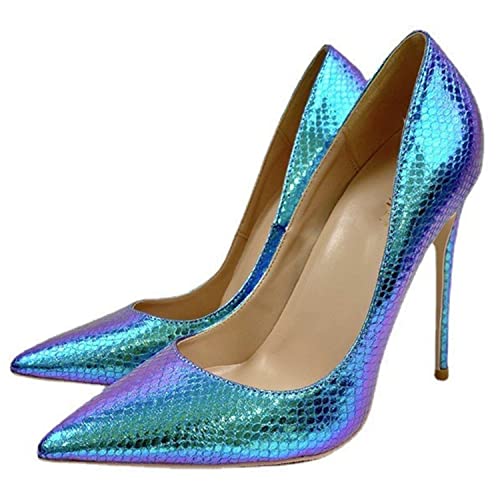 WOkismD Blaue Pumps mit Schlangenmuster für Damen zum Hineinschlüpfen mit Spitzen Zehen 4,7-Zoll-Stiletto-Absatz für Brautpartys für lässige Hochzeiten,Blau,38 von WOkismD