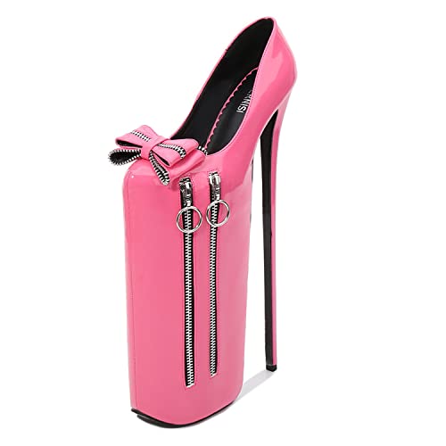 WOkismD Damen 11,8 Zoll Plateau Stiletto High Heels mit Schleife Mode Lackleder Pumps zum Hineinschlüpfen Reißverschluss Dekoration Super High Heels für Stripper Party Club Pole Dance,Rosa,36 von WOkismD