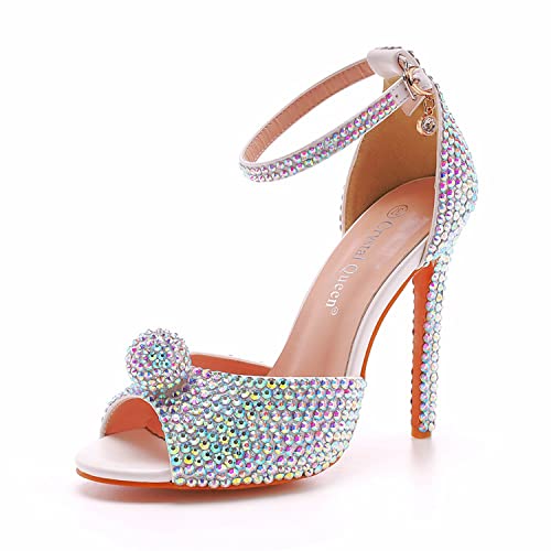 WOkismD Damen 4,3 Zoll Stiletto High Heel Elegant Open Toe Ankle Strap Sandaletten mit Strasskugeln Bunte Glitter Sparkly Wedding Bride Prom Dress Schuhe,Blau,38 von WOkismD