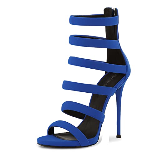 WOkismD Damen Blau Mode hohl Stiletto Sandalen Sexy Riemchen hinten Reißverschluss Open Toe High Heels Sommer Ausschnitt Nachtclub Pump Schuhe 4,7 Zoll,Blau,36 von WOkismD