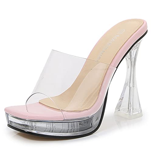 WOkismD Damen Clear Chunky Block High Heels PVC Plateau High Heels Square Open Toe Slip On - Sandaletten Nachtclub Catwalk Pole Dance Dress Schuhe,Rosa,38 von WOkismD