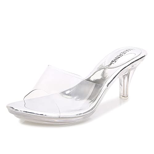 WOkismD Damen Crystal Heel Kitten Heel High Heels Klar Transparent Open Toe Slingback Sandaletten Pump Pantoletten Hochzeitskleid Hausschuhe,Silber,38 von WOkismD