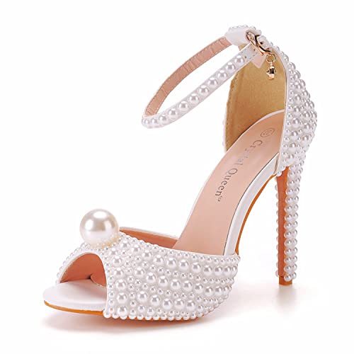 WOkismD Damen Full Pearls Heels Sandalen 4,3 Zoll Stiletto High Heel Dressy Peep Toe Ankle Strap Pumps mit Pearl Ball Hochzeit Braut Prom Dress Schuhe,Weiß,38 von WOkismD