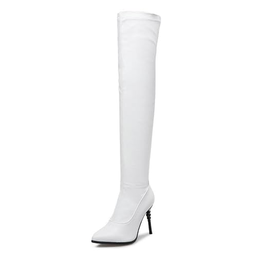 WOkismD Damen-High-Heels aus PU-Leder, Overknee-Stiefel, oberschenkelhoch, spitzer Zehenbereich, Stiletto-Stil, Herbst-Winter, lange Stiefel, spitzer Zehenbereich, Slip-on-Stretch-Schuhe,Weiß,34 von WOkismD