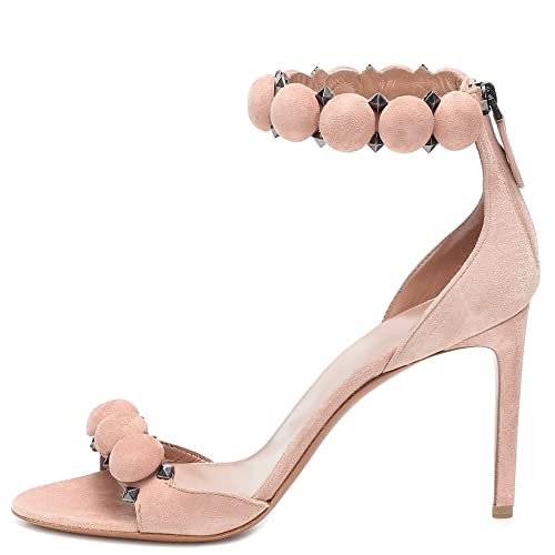 WOkismD Damen High Stiletto Heels mit Ball Knöchelriemchen Nieten Open Toe Heels Dressy Party Hochzeit Rückenreißverschluss Schuhe Pumps Sandalen,Rosa,36 von WOkismD