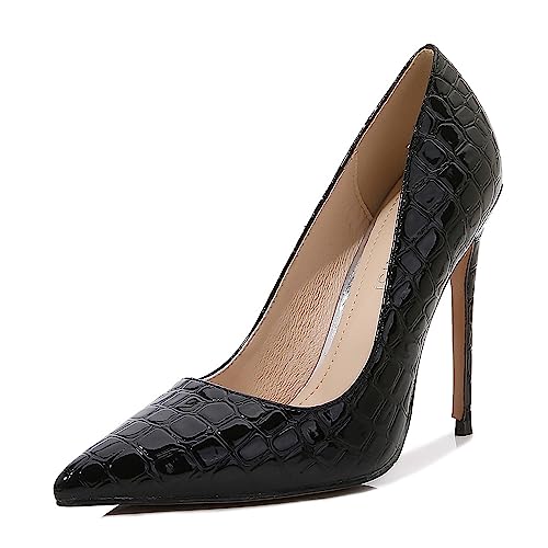 WOkismD Damen Klassische Spitzschuh Pumps Stein Gedruckt Stiletto High Heels Slip on Pumps Sexy Lady Club Party Abendkleid Schuhe 12cm/4.7inch,Schwarz,45 von WOkismD