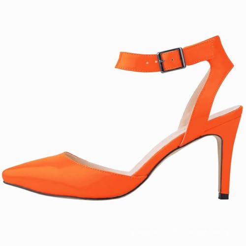 WOkismD Damen Lackleder Stiletto High Heel Pumps Spitzschuh Schuhe Knöchelriemen Klassisch Büro Spezial Slingback Hochzeitspumps,Orange,38 von WOkismD