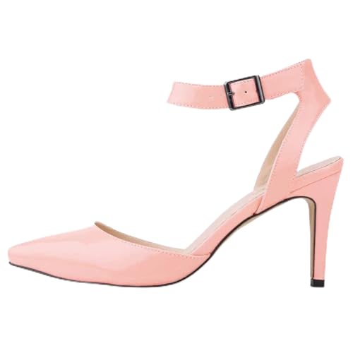 WOkismD Damen Lackleder Stiletto High Heel Pumps Spitzschuh Schuhe Knöchelriemen Klassisch Büro Spezial Slingback Hochzeitspumps,Rosa,37 von WOkismD