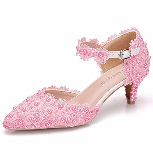 WOkismD Damen Low Kitten Heels Pumps Ankle Strap Closed Pointed Toe Full Lace Pearl Pumps Wedding Lady Dress Comfort Bride Schuhe,Rosa,39 von WOkismD