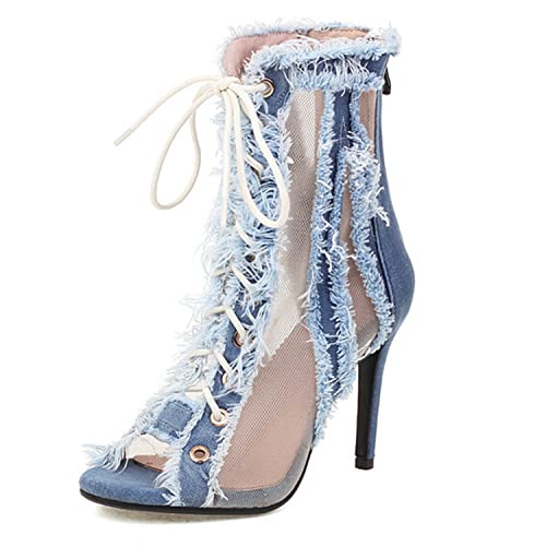 WOkismD Damen Mesh Denim Stiefeletten Peep Toe Stiletto Booties Schnürung hinten Reißverschluss Mode Booties Party Prom Abend Hochzeitskleid Schuhe,Blau,46 von WOkismD