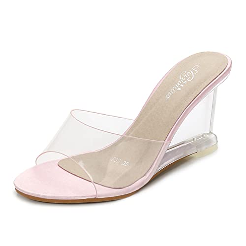 WOkismD Damen-PVC-Keilsandalen mit offenem Zeh zum Hineinschlüpfen, Kristall, transparente Sohle, lässige Sommerkleidschuhe für Abendkleid, Hochzeit,Rosa,36 von WOkismD