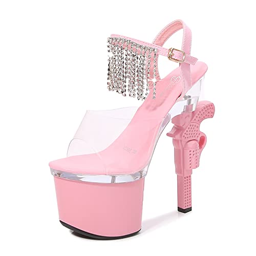 WOkismD Damen-PVC-Sandaletten mit transparentem Plateau, offene Zehen, High Heels mit Strass-Kette, Knöchelriemen, 17,5 cm/6,8 Zoll für Stripper-Party-Club-Pole-Dance,Rosa,37 von WOkismD